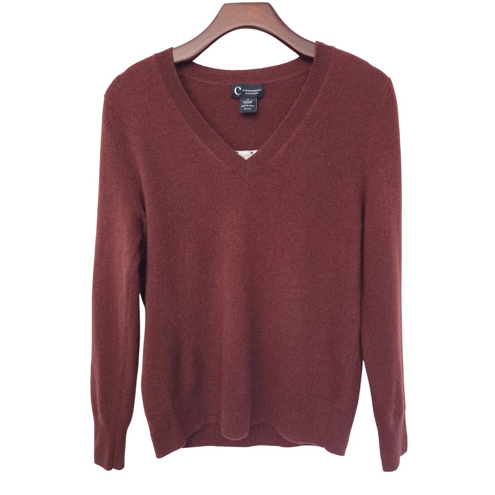 C by Bloomingdale's Sweater V-Neck Cashmere Womens S Burnt Caramel NWD $188